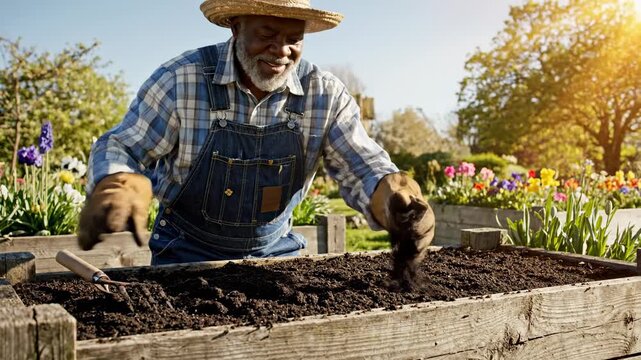 Smiling African American man wearing straw hat and gloves raking, holding soil, and spreading soil in garden bed. Happy senior gardener.