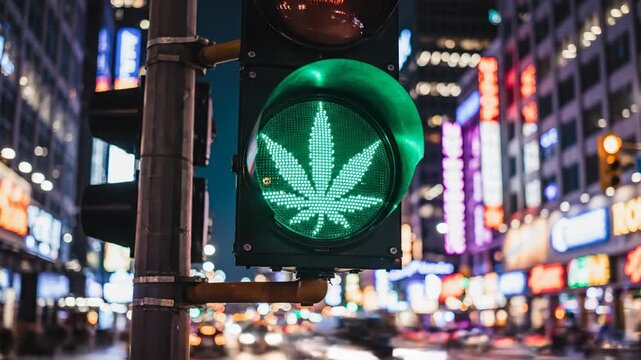 Green marijuana leaf on urban traffic light, cannabis legalization concept