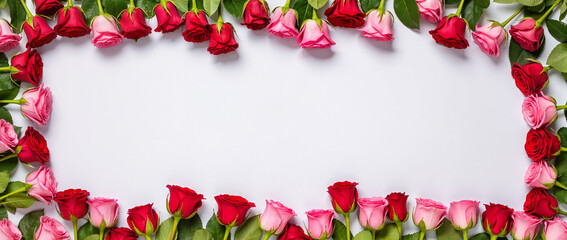 Vibrant roses arranged in a decorative frame with a blank center, ideal for messages or greetings. Concept of love, romance, or special occasions. Useful for banners and promotional materials.