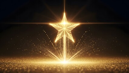 Golden glowing star rising from a shimmering dust surface. Achievement and awards concept. Bright award star floating above a brilliant light floor with particles