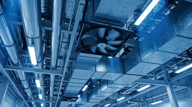 Top-down view of complex industrial ceiling infrastructure with HVAC ducts, pipes, and lighting in a factory or data center.