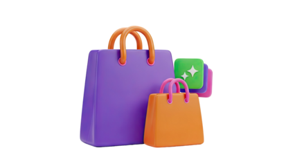 3D Shopping Bags with Sparkle Icons for E-commerce