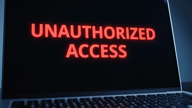 Laptop displaying unauthorized access message. Cyber security alert and data breach warning for digital protection.