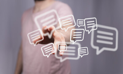 Abstract image of a person interacting with message bubbles, symbolizing communication, technology, and connection. Perfect for social media, ma