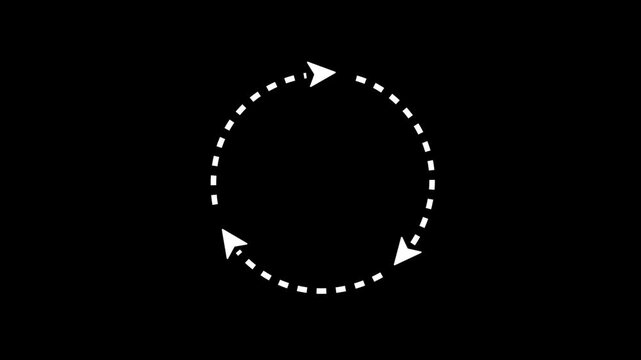 Rotating circular arrow animation on black background, dotted line arrow, 4k video
