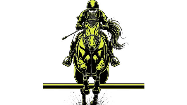 Equestrian athlete jumping horse over obstacle in action