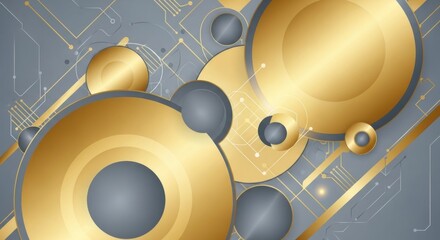 Golden circles and geometric lines on grey background, modern futuristic design
