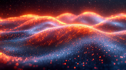 Shimmering waves of light undulate in red and blue hues. Tiny glowing particles fill the cosmic scene
