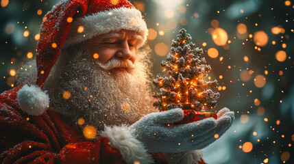 A jolly Santa holds a tiny lit Christmas tree in gloved hands. Warm golden lights float around creating a cozy scene