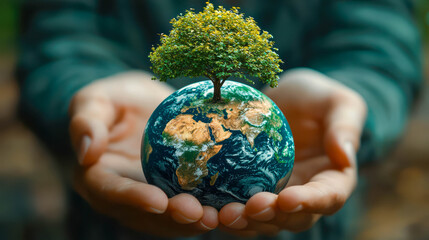 A pair of hands holds a small Earth with a lush tree growing on top. Care for the planet and environmental protection
