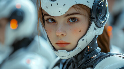 A woman in a futuristic helmet gazes intently. Her suit blends metallic and organic elements