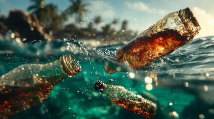 Plastic and glass bottles, along with other debris, are floating in the ocean. This illustrates the concept of water pollution