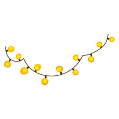 Illuminated yellow spherical bulbs arranged along a dark wire, creating festive decor for celebrations, parties, and special occasions, isolated on a white background