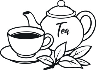 A white ceramic teapot with a matching cup of hot tea on a clean background