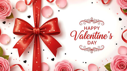 Valentine s day greeting card with red ribbon and roses