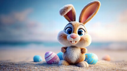 An endearing Easter bunny enjoys a sunny day at the beach, surrounded by colorful eggs.