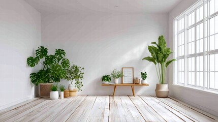 Bright and airy interior with lush plants and wooden flooring.