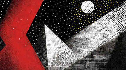 Black and red abstract background with grey brushstroke and halftone style. Chaotic and bold grunge style. Diagonal stripes cut across textured blocks in vivid contrast. Abstract background.