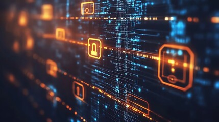 Abstract digital data network with glowing security icons and connections