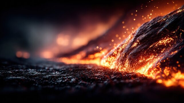 Molten lava flows down a volcano, creating a fiery and dynamic landscape scene.