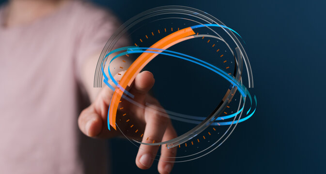 Concept of futuristic technology, a hand interacting with a digital sphere, representing innovation, connection and data. - Powered by Adobe