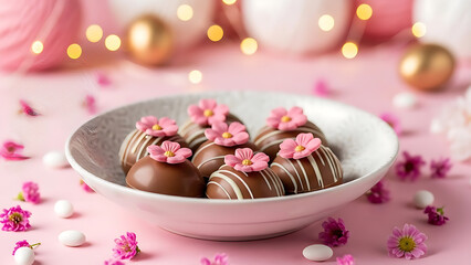 Chocolate strawberries with pink flowers in a white bowl on pink background