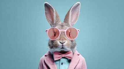 Stylish rabbit wearing sunglasses and a bow tie