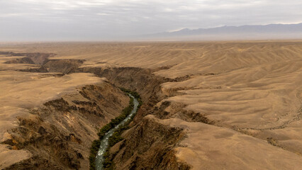 Vast desert landscape with winding river cutting through sand dunes under cloudy sky