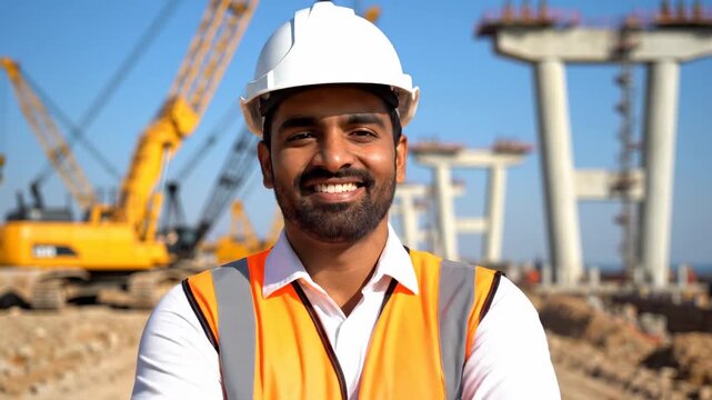 Indian man construction engineer smiles, adjusts hard hat, and poses at a busy outdoor job site.