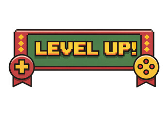 Pixel art Level Up retro gaming banner with controller icons, isolated on a transparent background