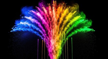 Rainbow firework explosion on black background.