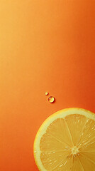 Ring of cut lemon with tiny water beads clinging to its surface, evoking natural hydration sources. The fruit is isolated on a bright, solid citrus orange background. Copy space for text. Vegan diet.
