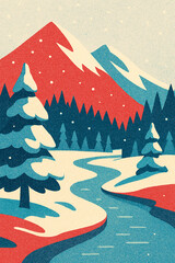 Retro Winter Valley River Poster Illustration