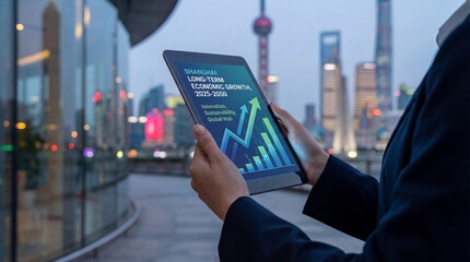 Businessperson holding a tablet displaying Shanghai's long-term economic growth projections