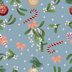 Christmas seamless pattern with mistletoe, Christmas tree decorations and bows with candies, vector illustration.