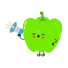 Cute green bell pepper character making announcement using megaphone