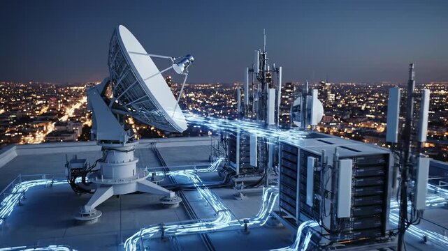 Satellite dish sending glowing data stream at night from rooftop with city lights. Global communication and network technology concept.