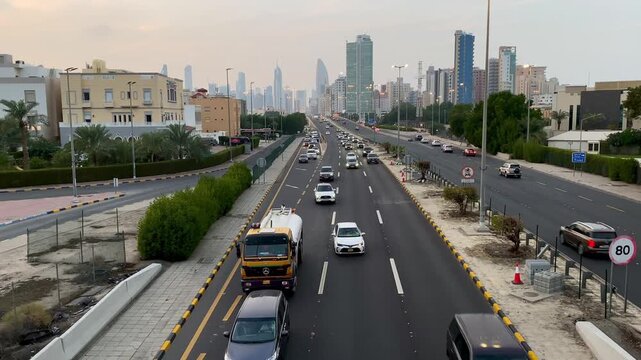 Aerial top view of city street and busy road traffic in Kuwait. Cars moving along urban roadway, modern Middle Eastern city infrastructure, transportation, and everyday life in an Arab country. 