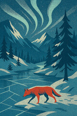 Aurora Borealis Over Frozen Lake &ndash; Winter Wilderness Illustration