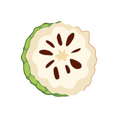 Custard apple cross section presenting creamy white pulp with dark seeds and a green textured skin, illustrating a fresh exotic fruit for food and health concepts