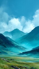 Naklejka premium Breathtaking Scenic Mountain Range Landscape with Mist, Meadow, and Dramatic Cloudy Sky Above