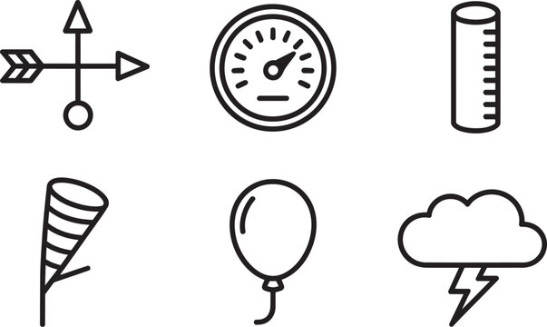 Weather and meteorology icons windsock anemometer balloon cloud lightning cylinder