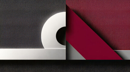 Background using high-contrast black and white blocks, offset with bold crimson triangle for visual accent. The composition was created relying on simple shapes--rectangles, circles and angled lines.