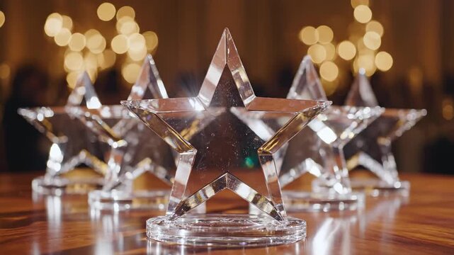 Close up of glass star award with lens flares and blurry background bokeh for excellence and achievement recognition