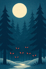Moonlit Forest Path with Glowing Eyes &ndash; Stylized Nighttime Illustration