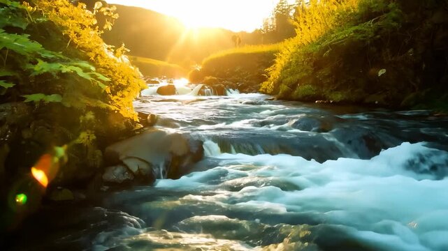 The sparkling river flows swiftly over smooth stones, while sunlight glimmers on the water's surface. Golden foliage along the riverbank adds vibrant color to the tranquil scene.
