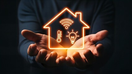 Hands presenting glowing smart home interface symbolizing connected living and energy efficiency