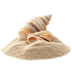 A pile of sand with two seashells on top, isolated on a white background.