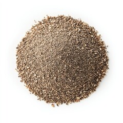 A pile of powder, gray in color with a small amount of liquid inside, isolated on a white background.