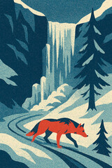 Wolf Navigating Frozen Waterfall &ndash; Winter Wilderness Illustration